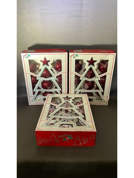 Holly Other - Holly Christmas Glass Ornaments 10 Ct Red 2 5/8" Vintage Boxed